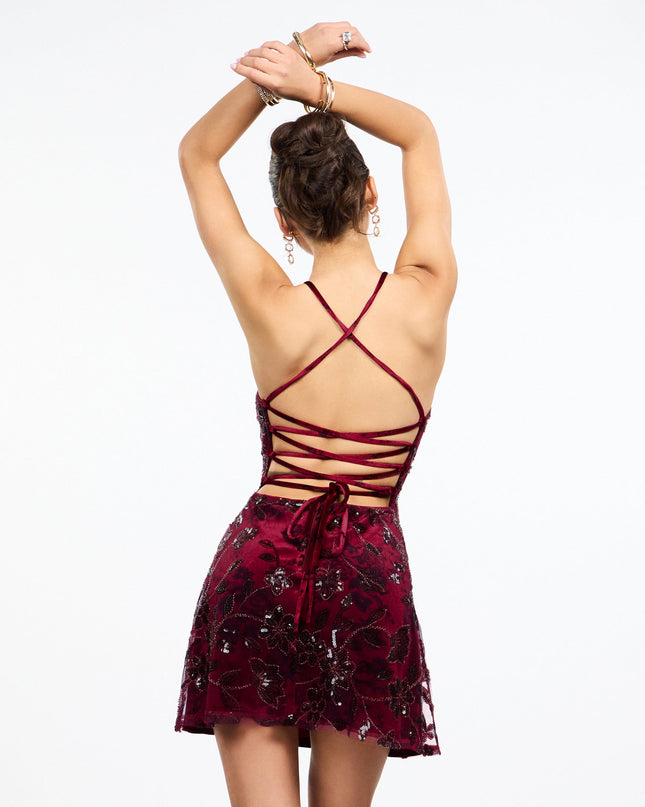 Lorelei Lace Up Floral Velvet Mini Dress