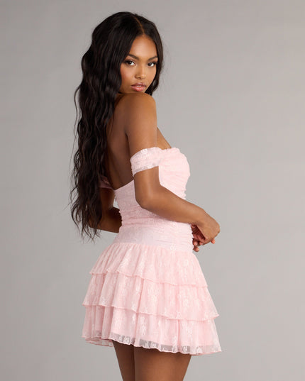 Romance Language Off-The-Shoulder Lace Mini Dress