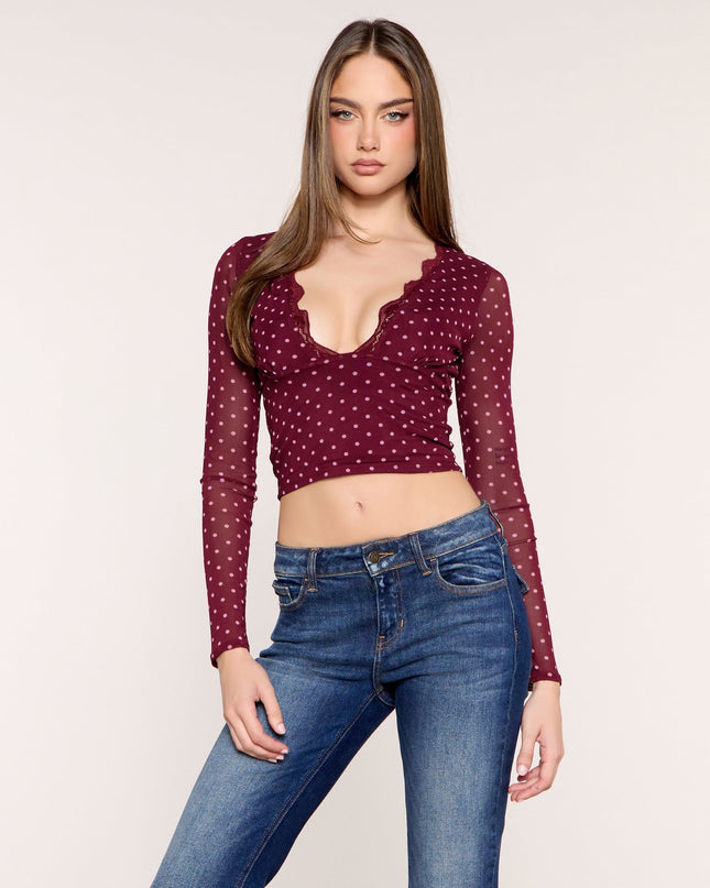 Dot Crush Polka Dot Lace Trim V Neck Crop Top