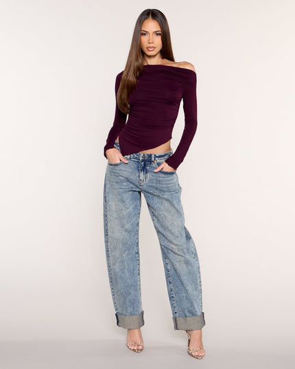 Side Note Asymmetric Off-Shoulder Long Sleeve Top