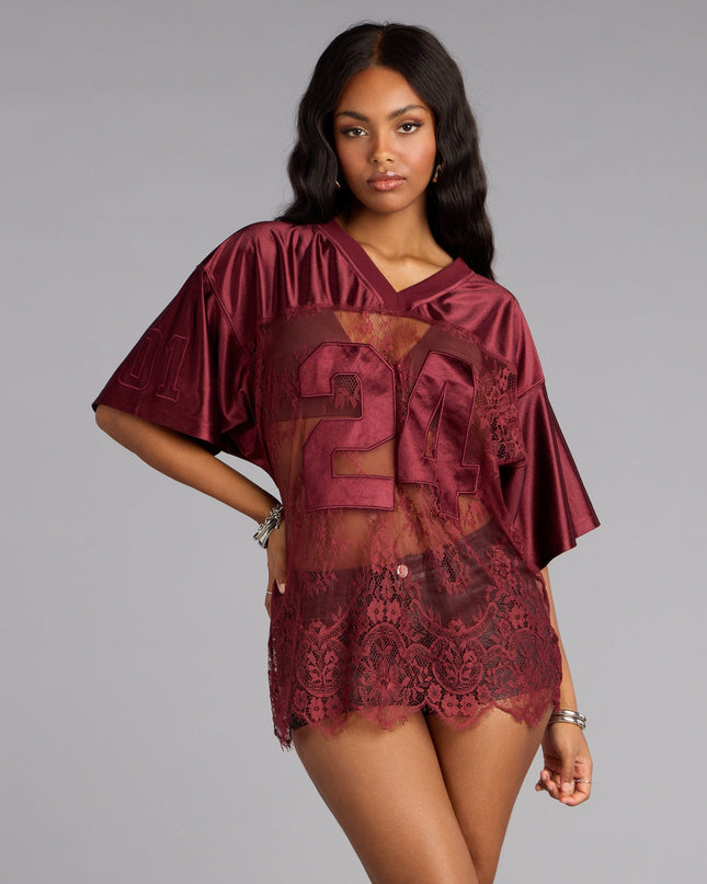 Sporty Chic Lace V-Neck 24 Graphic Jersey Top