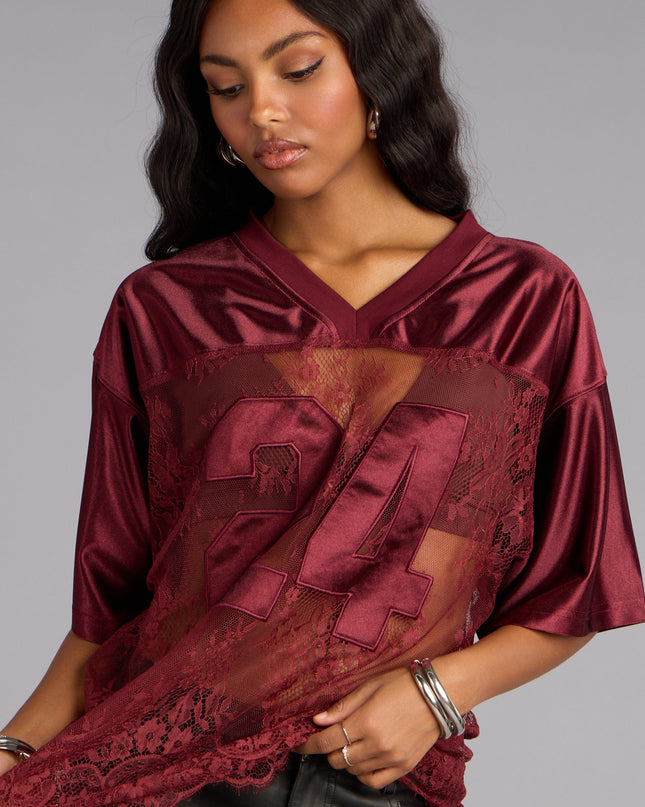 Sporty Chic Lace V-Neck 24 Graphic Jersey Top
