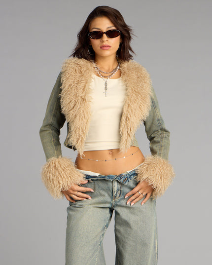 Scene Stealer Faux Fur Crop Denim Jacket