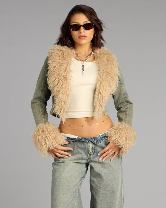 Scene Stealer Faux Fur Crop Denim Jacket