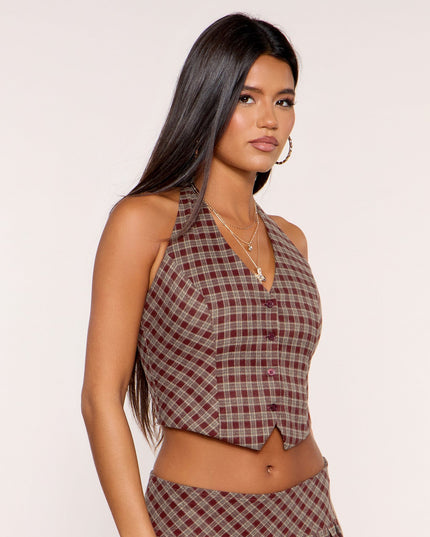 Prep Shift Plaid Cropped Button Front Vest Top