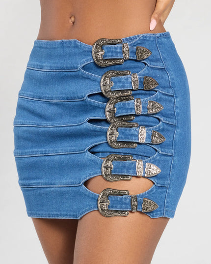 Buckle Down High-Rise Denim Skort