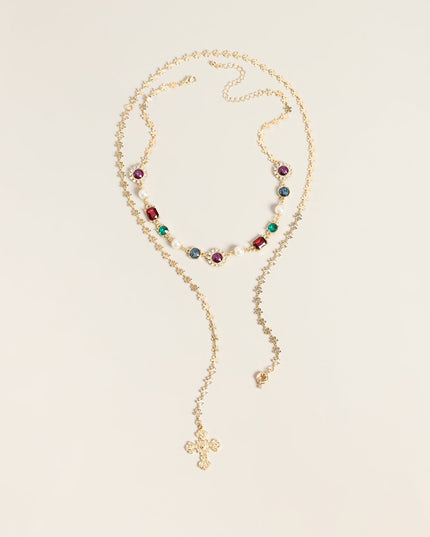 Color Theory Layered Stone Cross Lariat Necklace Set