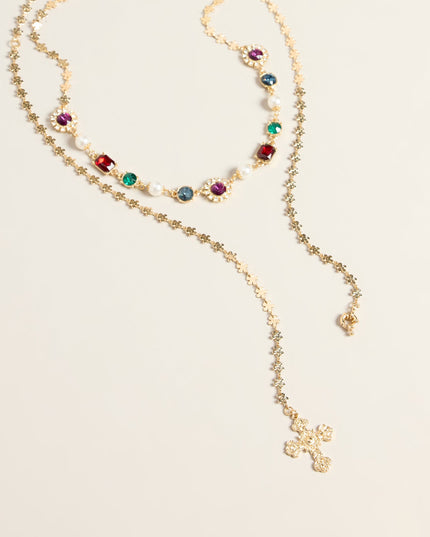 Color Theory Layered Stone Cross Lariat Necklace Set