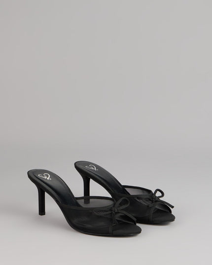 Polished Sweet Bow Detail Mesh Mule Heels